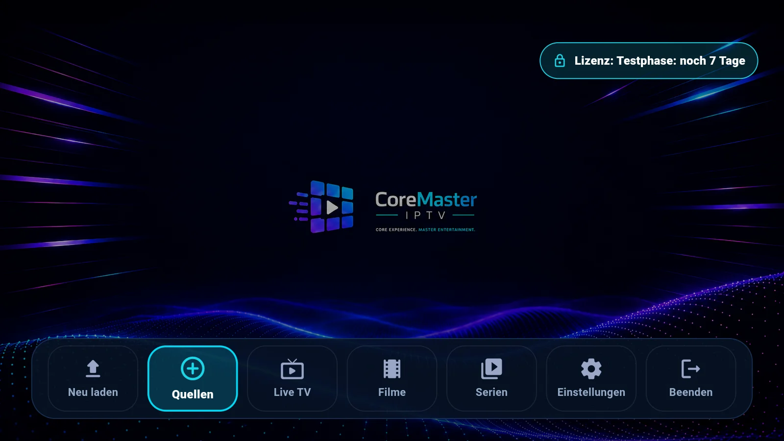 Hauptmenü von CoreMaster IPTV auf dem Fernseher
